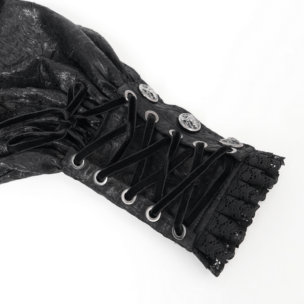 Close-up of the lace-up sleeve detail on a black Gothic Victorian shirt with puff sleeves.