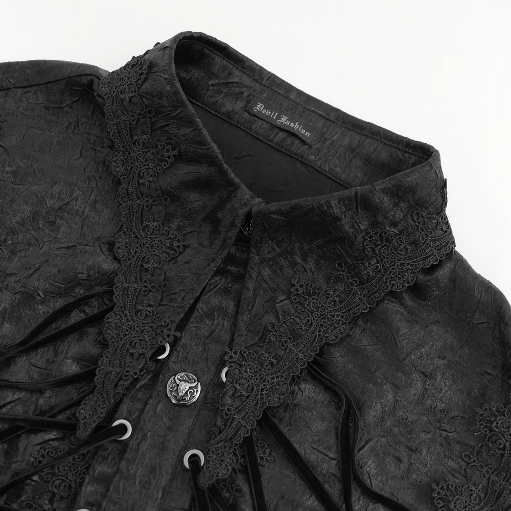 Close-up of a black Gothic Victorian lace-up shirt with intricate details and puff sleeves for alternative fashion.
