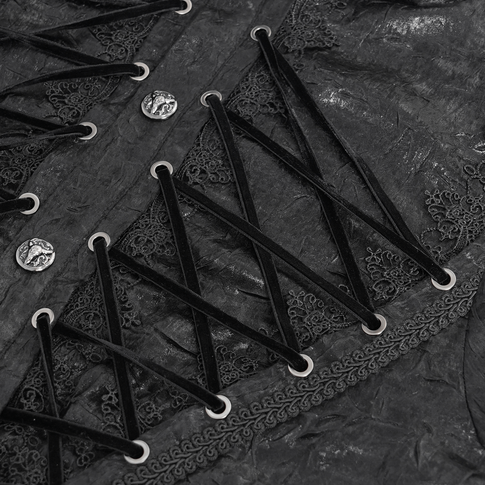 Close-up of black Gothic Victorian shirt's lace-up front and intricate details.