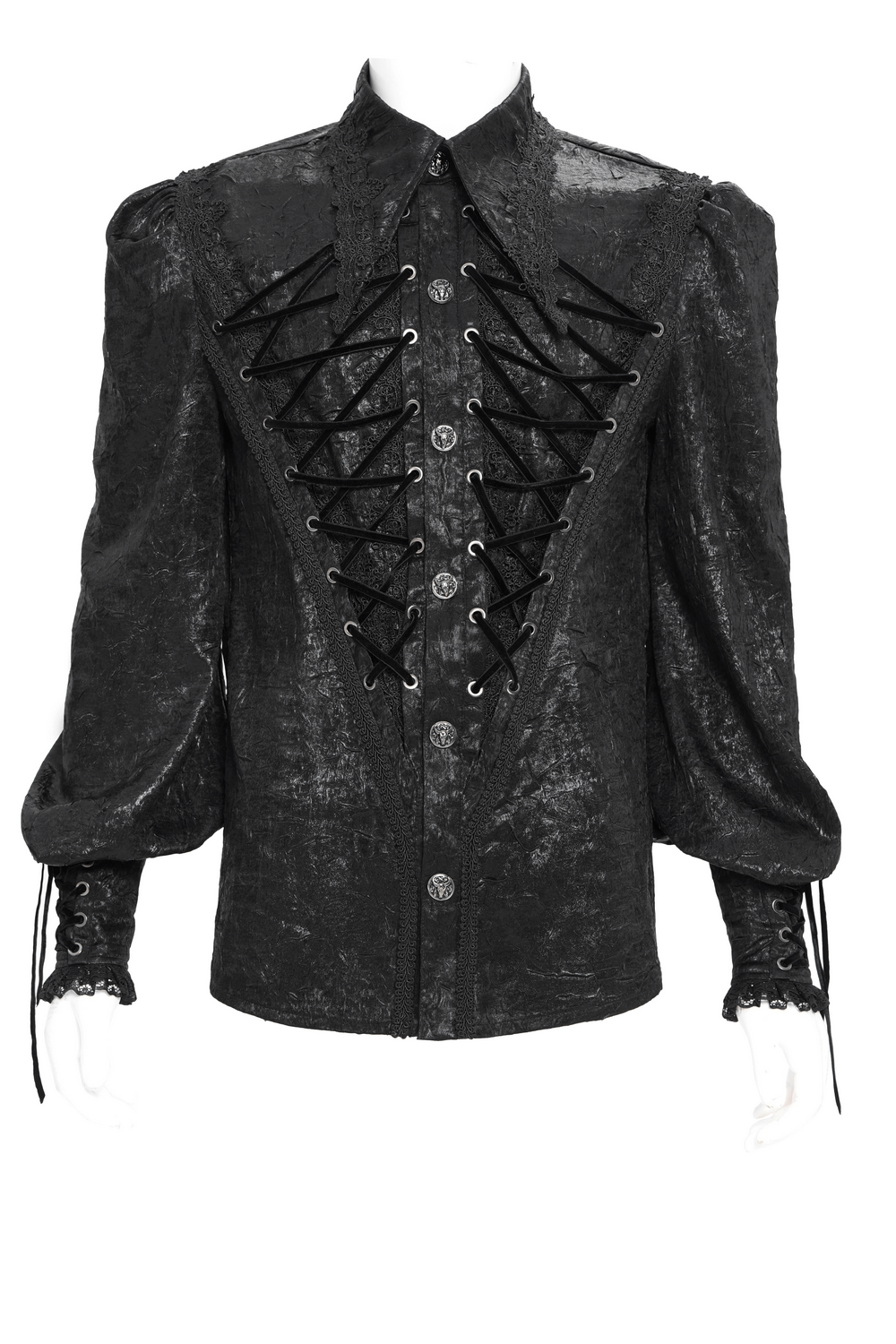 Black Gothic Victorian lace-up shirt with puff sleeves, featuring intricate details and a bold, dramatic look.