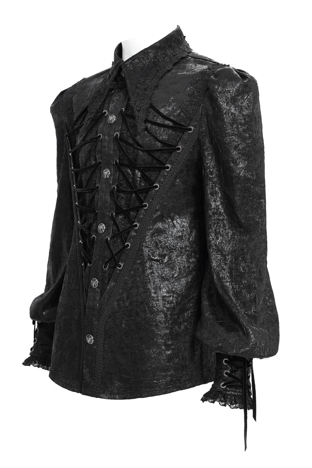 Black Gothic Victorian lace-up shirt with puff sleeves, showcasing intricate details and dramatic elegance.