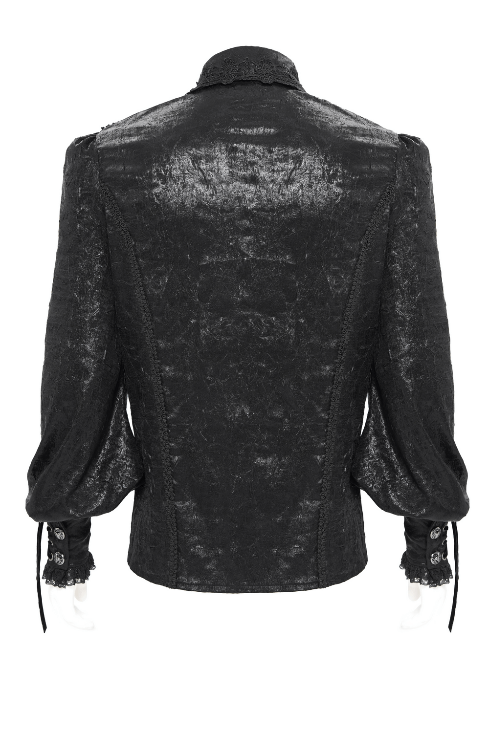 Back view of a black Gothic Victorian lace-up shirt with puff sleeves, showcasing elegant design and intricate detailing.
