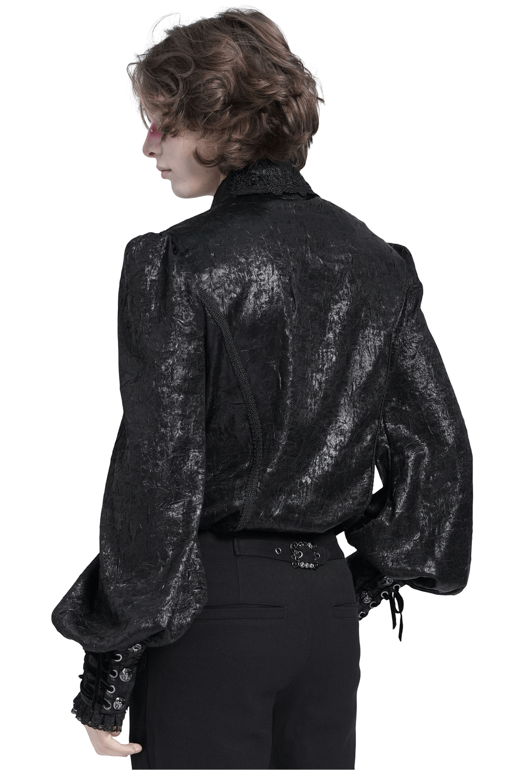 Back view of black Gothic Victorian lace-up shirt featuring puff sleeves and intricate detailing.