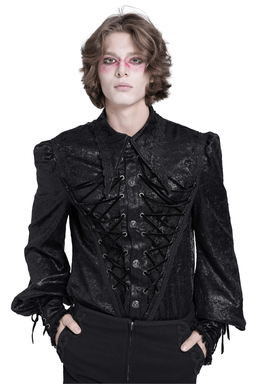Black Gothic Victorian lace-up shirt with puff sleeves, perfect for alternative fashion lovers.