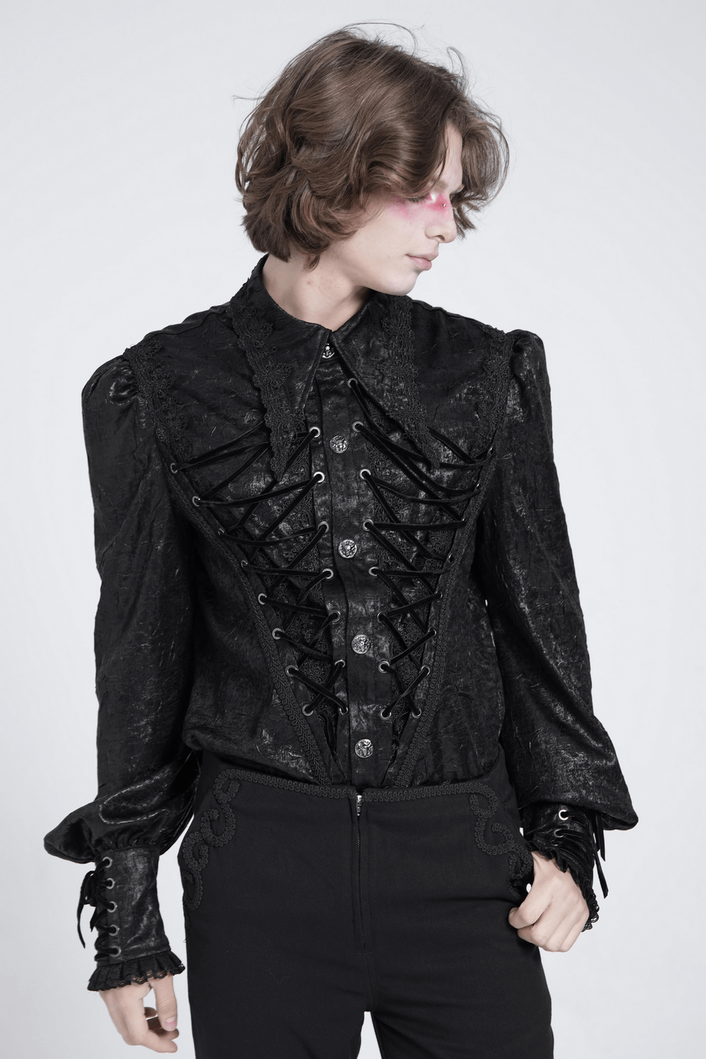 Black Gothic Victorian shirt with lace-up front and puff sleeves, perfect for alternative fashion enthusiasts.