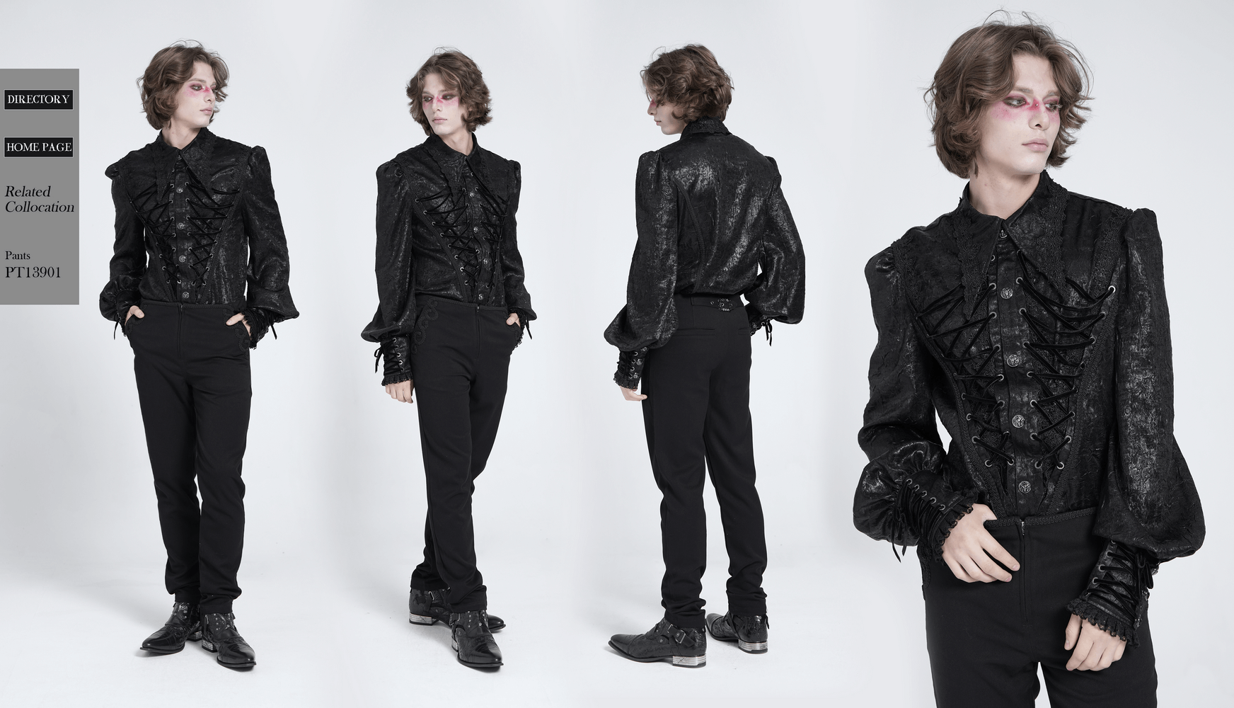 Black Gothic Victorian lace-up shirt with puff sleeves, styled for dramatic elegance and vintage charm.