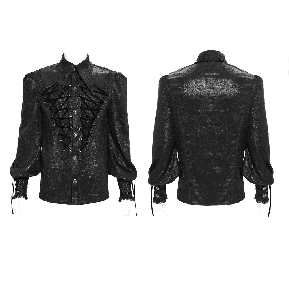 Black Gothic Victorian lace-up shirt with puff sleeves and intricate details, perfect for alternative fashion.