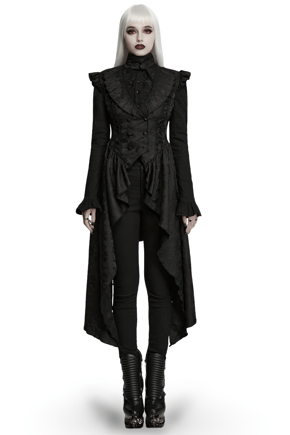 Black Gothic Victorian Tailcoat Vest with Lace Ruffles, featuring lace ruffles and a dramatic tailcoat hem.