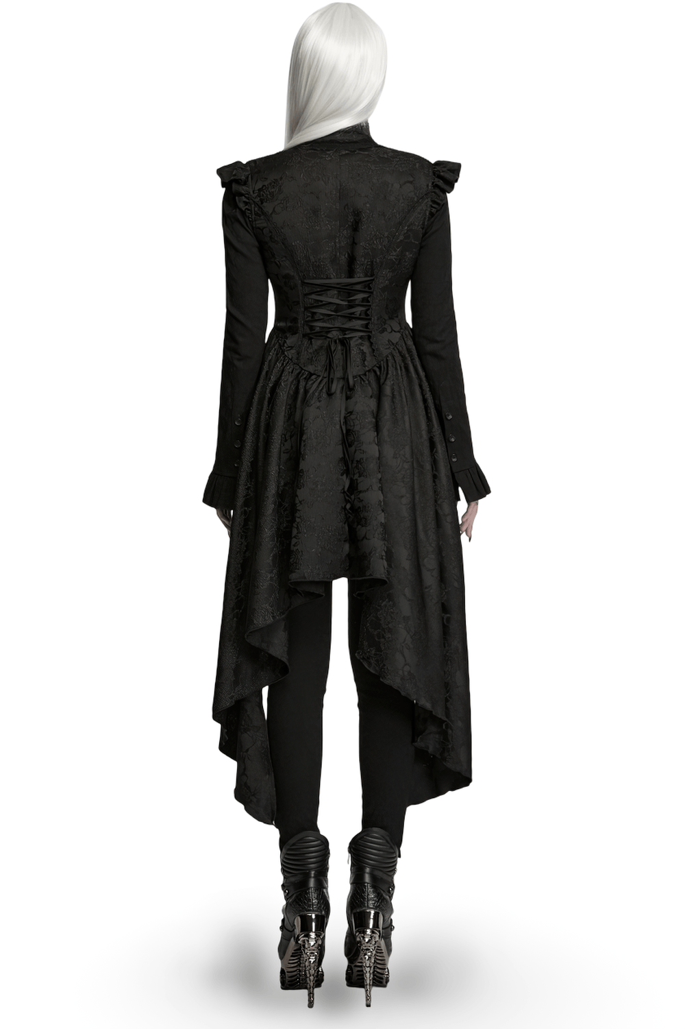Back view of Black Gothic Victorian Tailcoat Vest with Lace Ruffles showcasing lace details and asymmetrical hem.