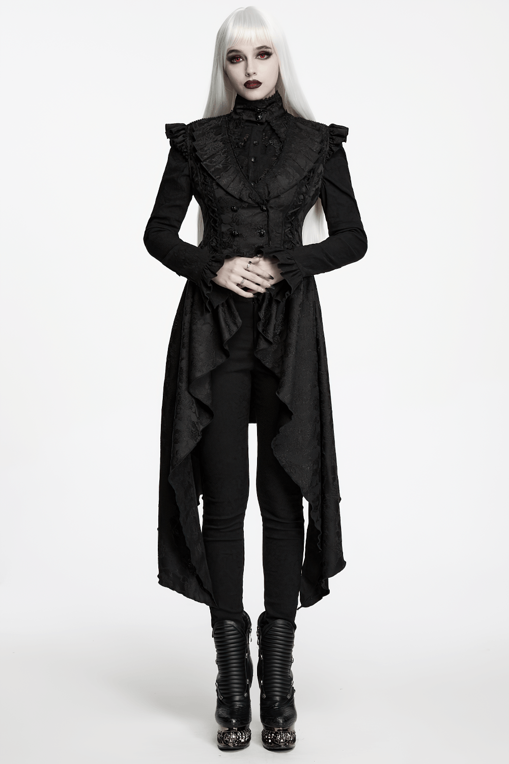 Black Gothic Victorian Tailcoat Vest with Lace Ruffles worn by model, showcasing dark elegance and lace details.