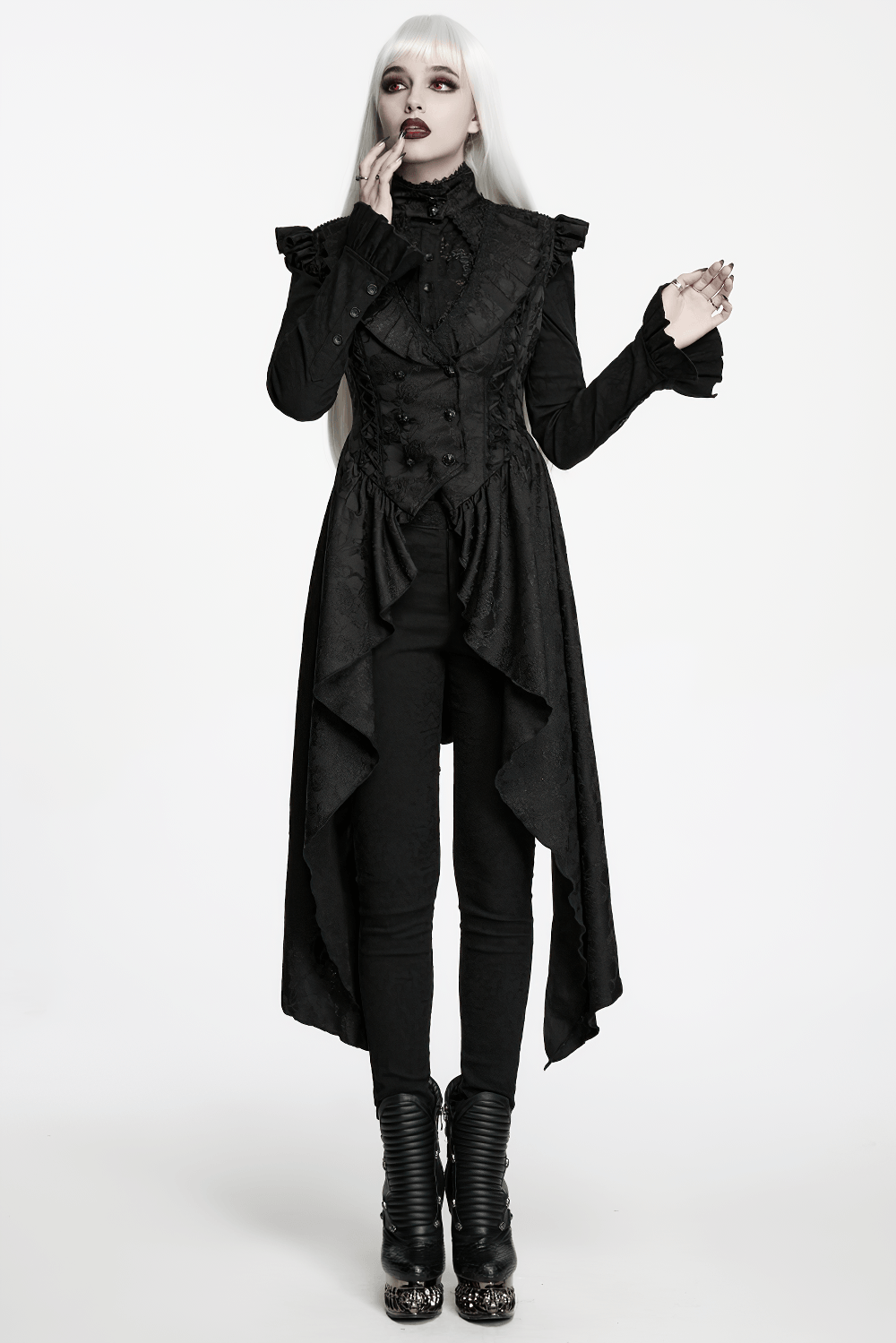 Black Gothic Victorian Tailcoat Vest with Lace Ruffles displayed on a model, featuring lace ruffles and a dramatic tailcoat hem.