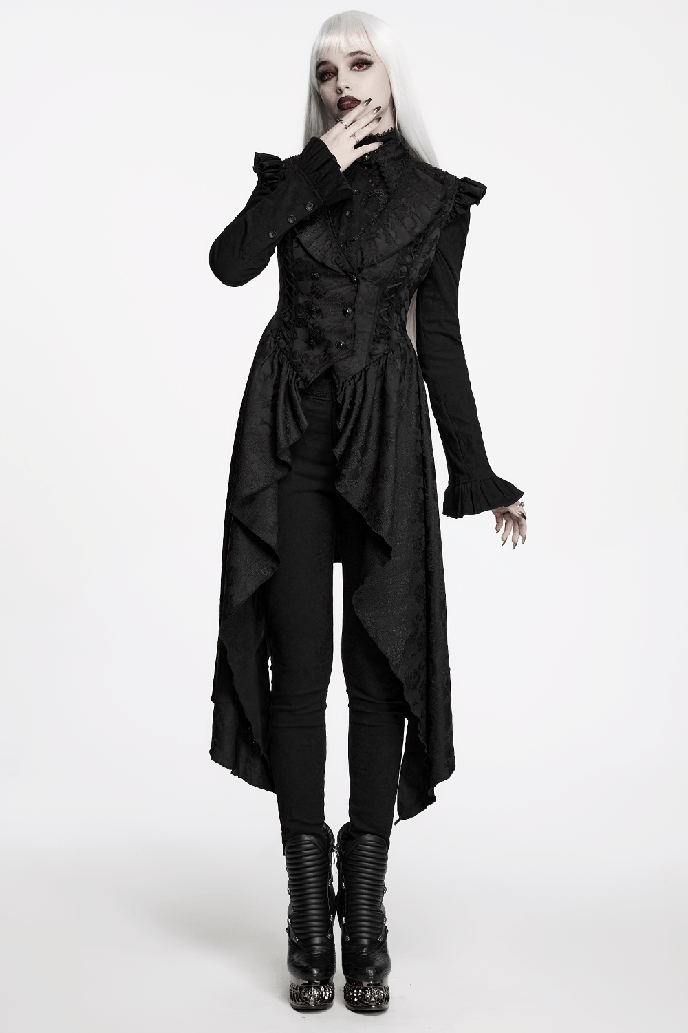 Black Gothic Victorian Tailcoat Vest with Lace Ruffles worn by a model, showcasing intricate lace and asymmetrical design.