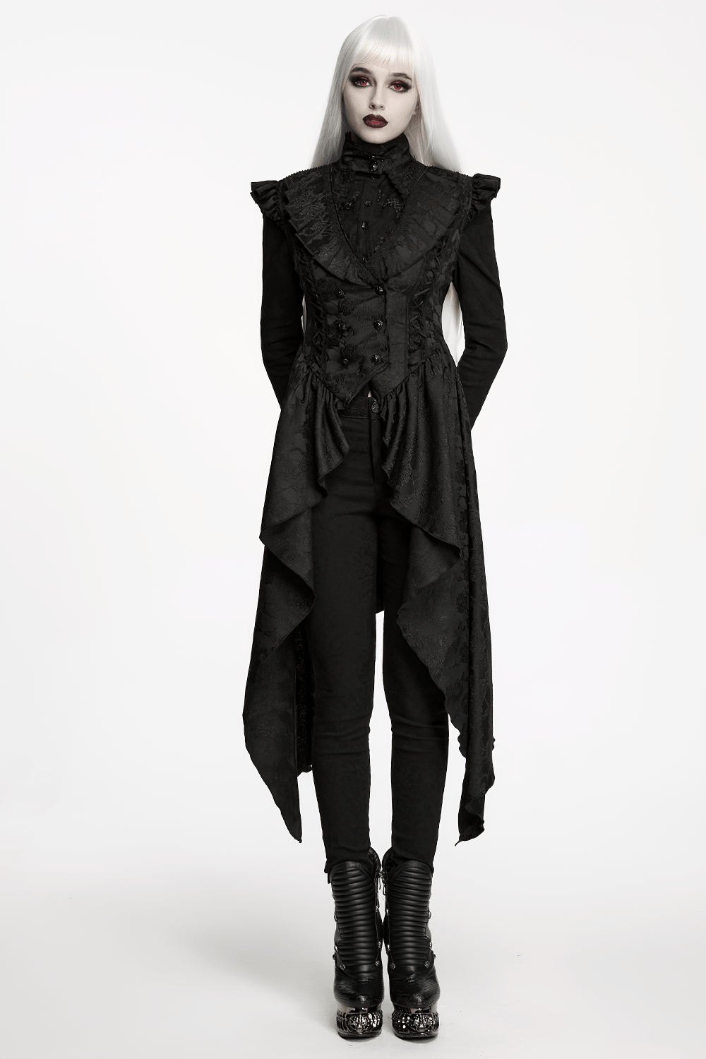 Black Gothic Victorian Tailcoat Vest with Lace Ruffles displayed on a model showcasing dramatic elegance.