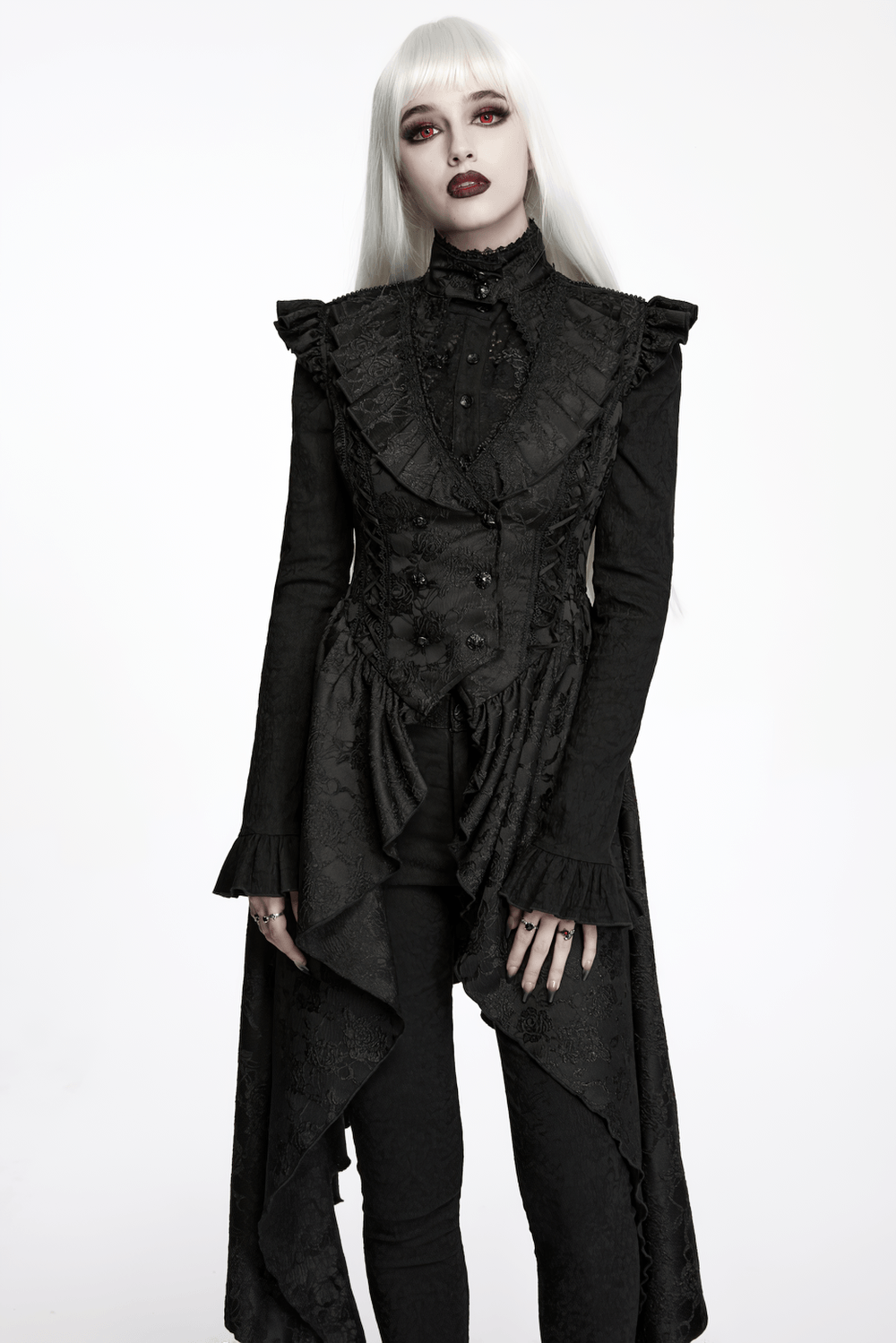 Black Gothic Victorian Tailcoat Vest with Lace Ruffles worn by model, showcasing dramatic lace ruffles and sculpted neckline.