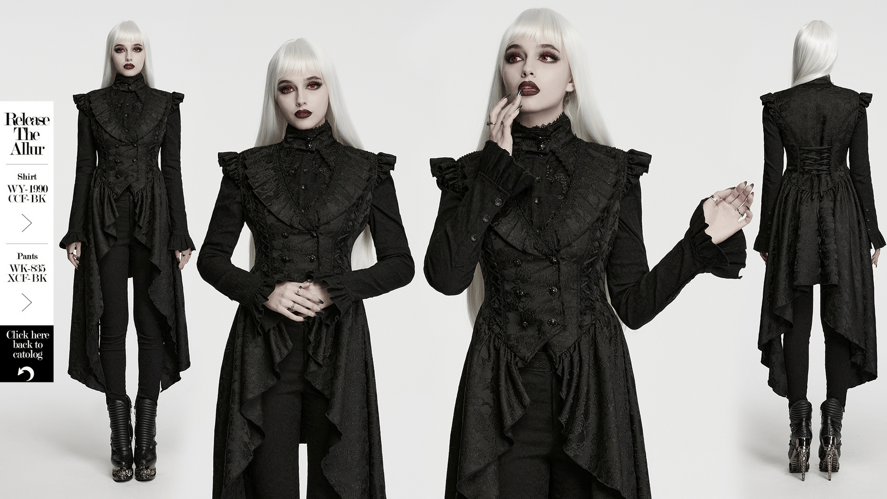 Black Gothic Victorian Tailcoat Vest with Lace Ruffles on a model, showcasing elegant lace details and a dramatic silhouette.