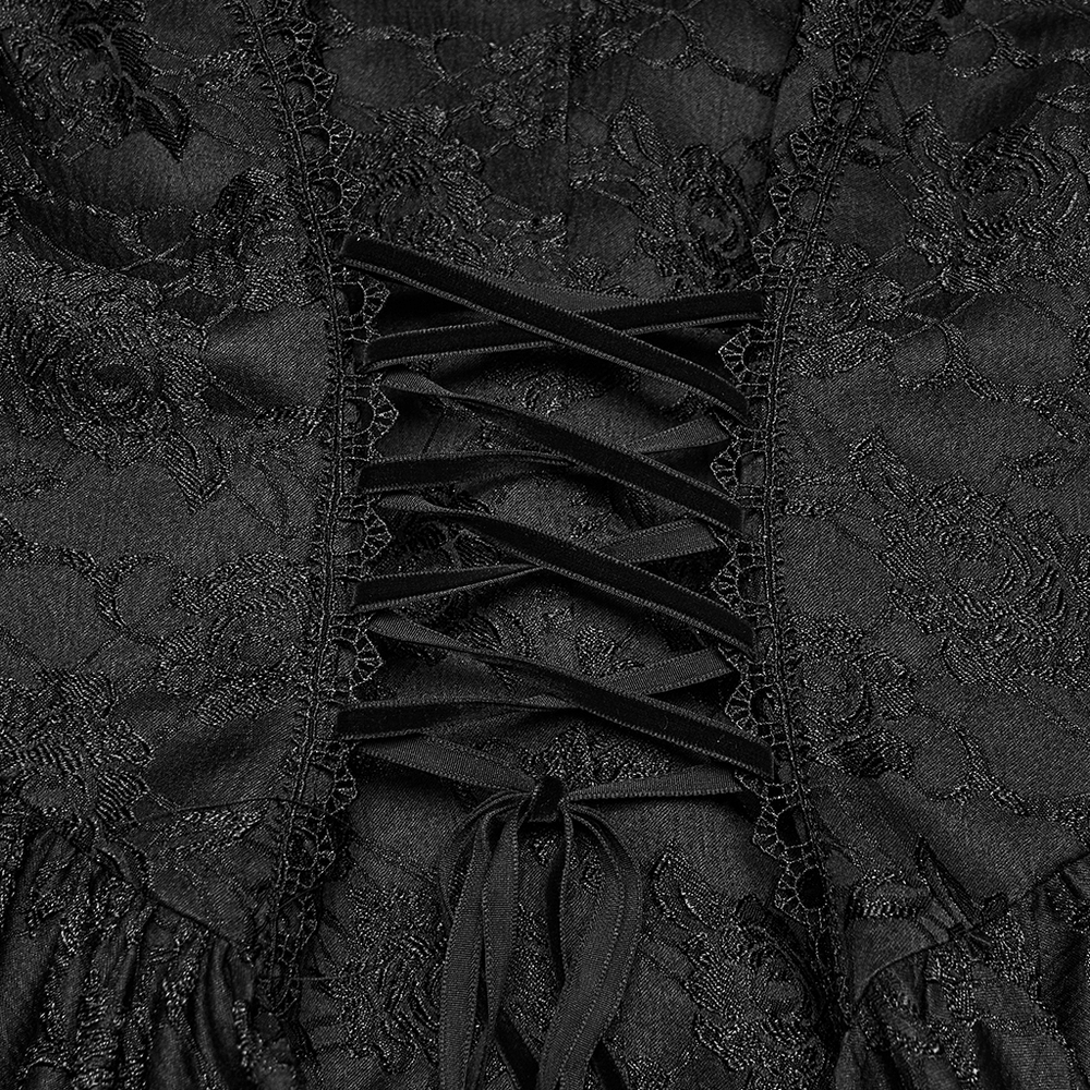 Black Gothic Victorian Tailcoat Vest with Lace Ruffles close-up of lace detailing and adjustable back.