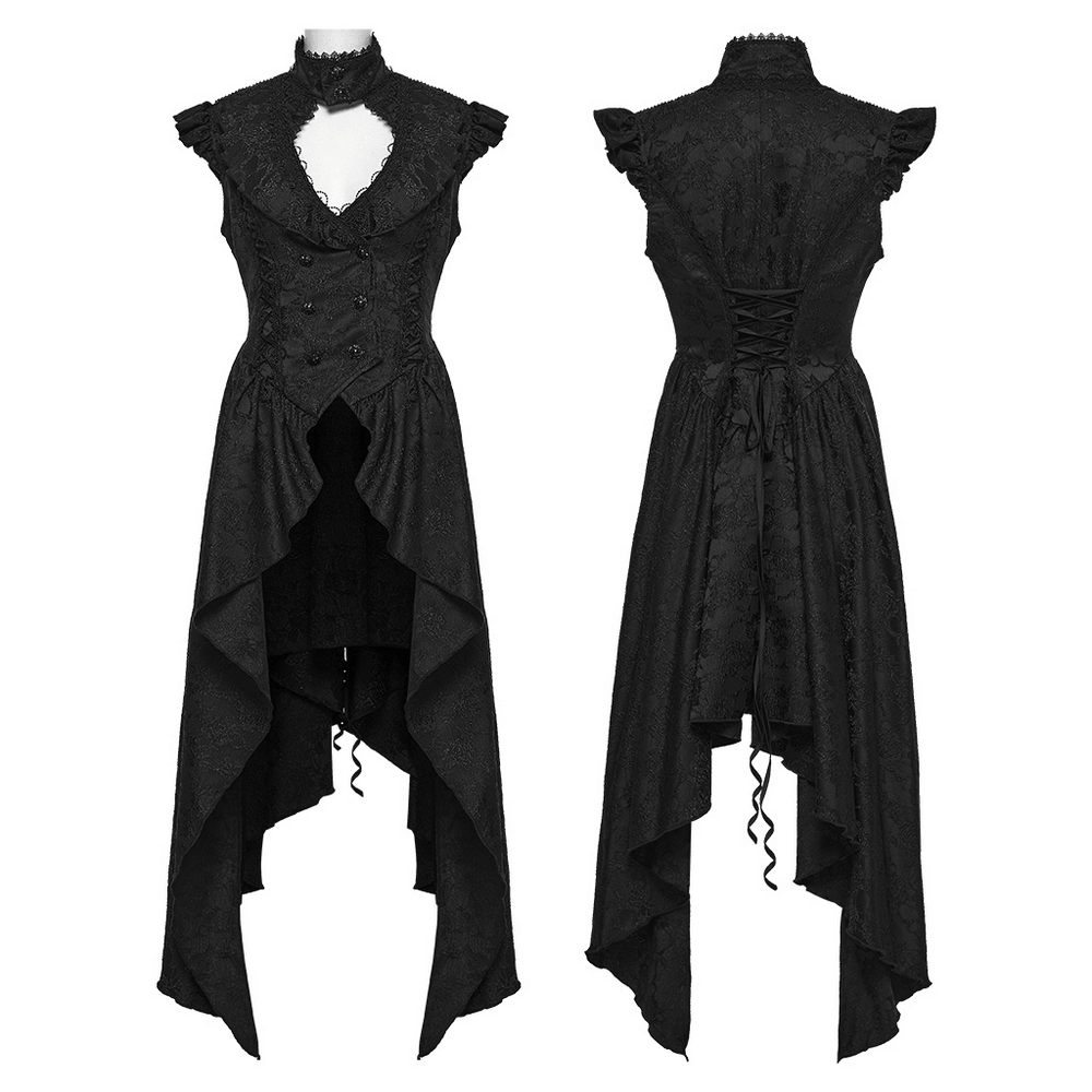 Black Gothic Victorian Tailcoat Vest with Lace Ruffles, featuring intricate lace ruffles and an asymmetrical tailcoat hem.
