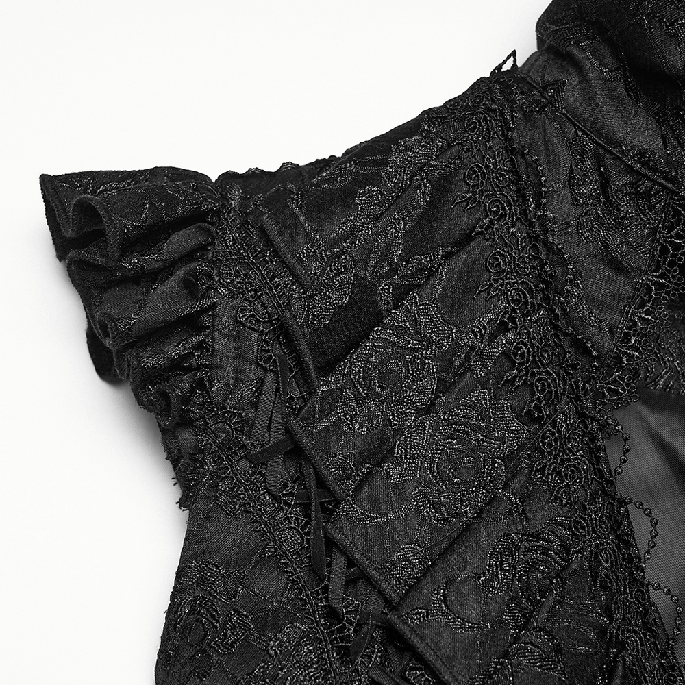Black Gothic Victorian Tailcoat Vest with Lace Ruffles detail showcasing lace ruffles and textured jacquard fabric.