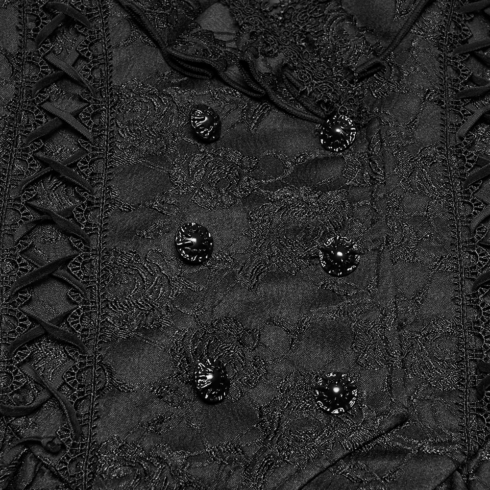 Black Gothic Victorian Tailcoat Vest with Lace Ruffles detailed view of lace ruffles and vintage-style buttons.