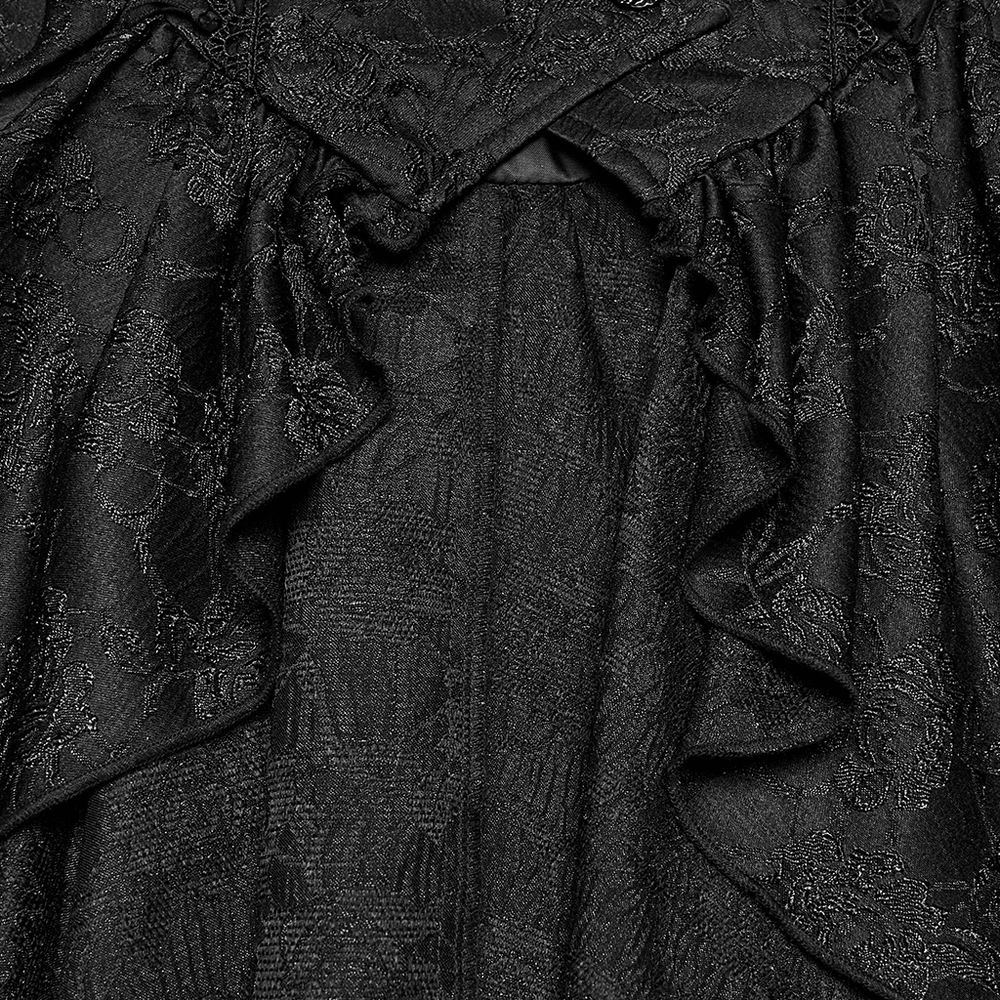 Close-up of the fabric and lace ruffles of the Black Gothic Victorian Tailcoat Vest with Lace Ruffles.
