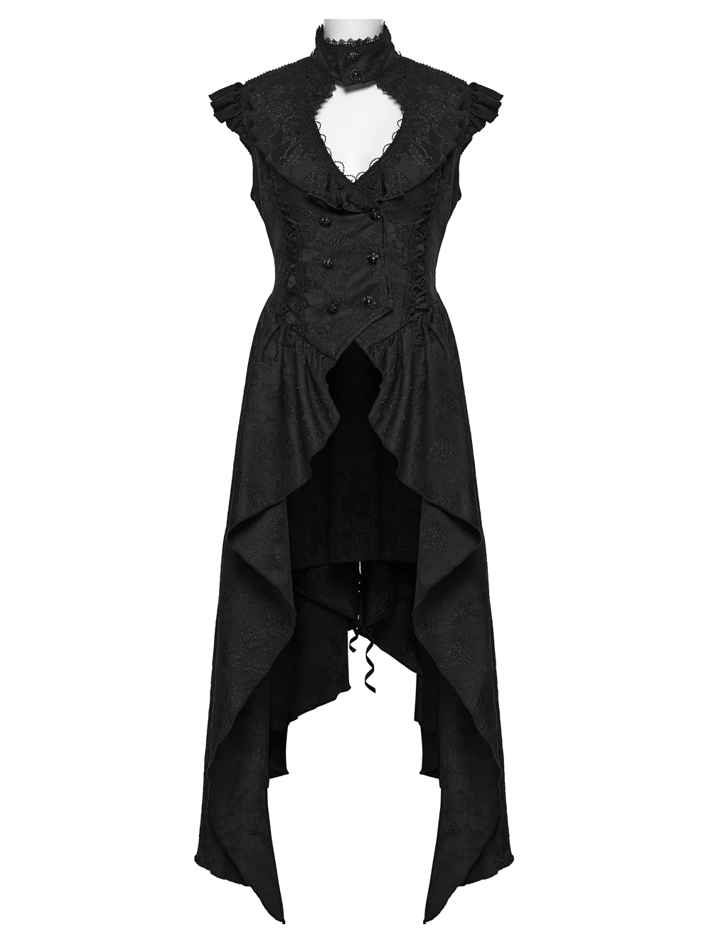 Black Gothic Victorian Tailcoat Vest with Lace Ruffles featuring lace ruffles, jacquard fabric and asymmetrical hem.