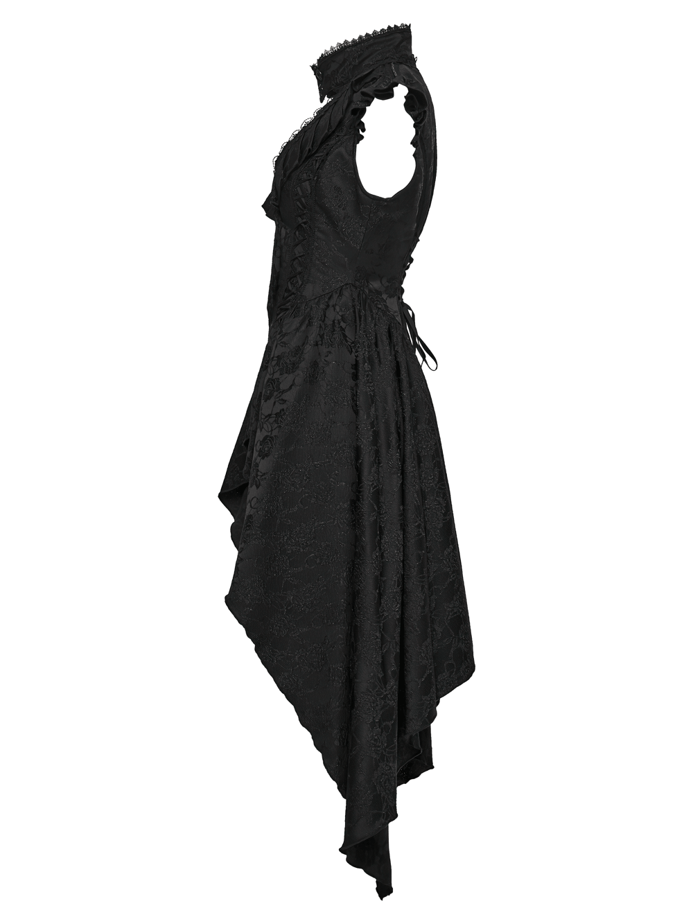 Black Gothic Victorian Tailcoat Vest with Lace Ruffles showcasing intricate lace ruffles and a dramatic tailcoat hem.