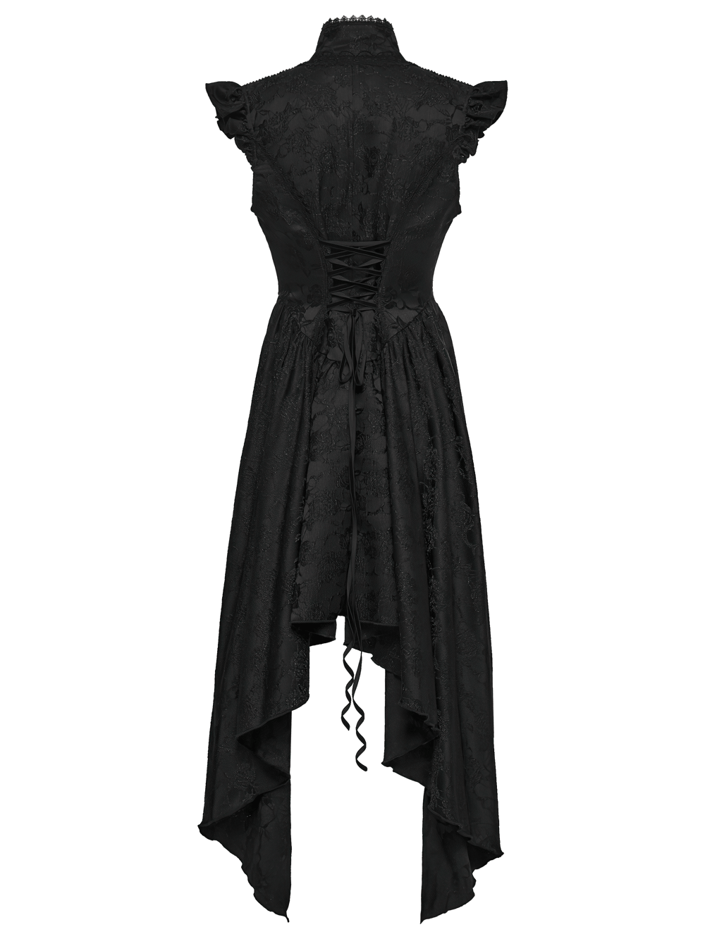 Black Gothic Victorian Tailcoat Vest with Lace Ruffles showcasing intricate lace ruffles and asymmetrical tailcoat hem.