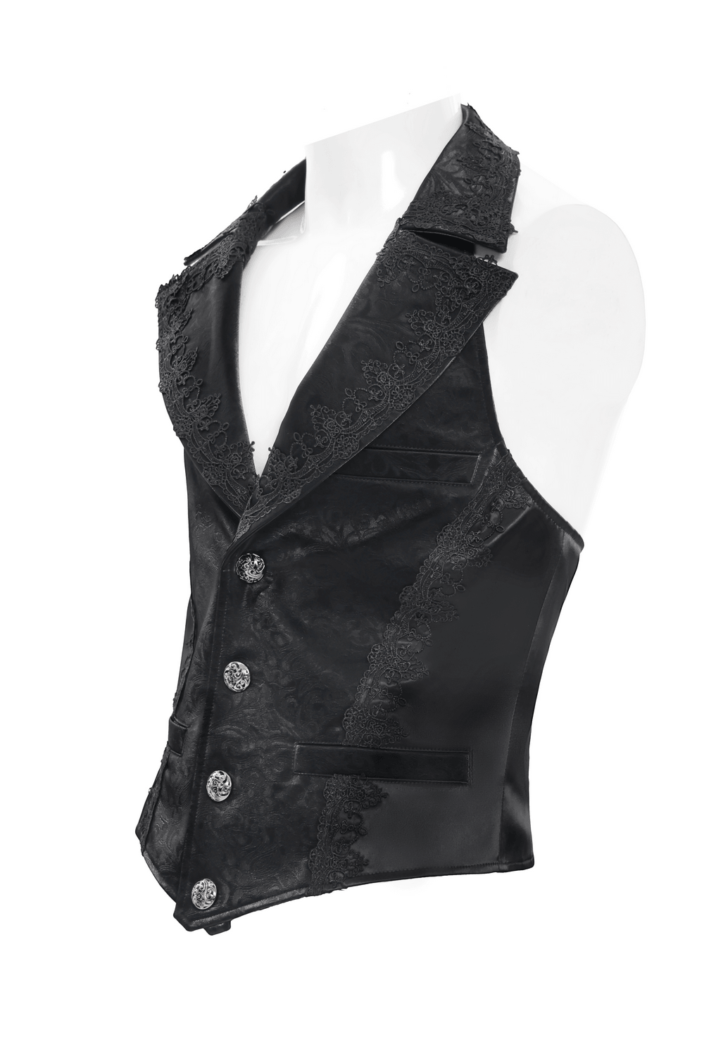 Black Gothic Waistcoat With Lace Lapel and Buttons showcasing its elegant lace details and ornate buttons.