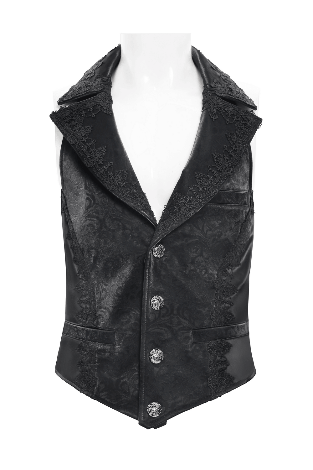Black Gothic Waistcoat With Lace Lapel and Buttons featuring intricate lace detailing and ornate buttons.