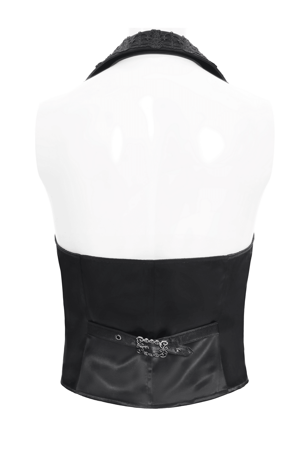 Back view of a Black Gothic Waistcoat With Lace Lapel and Buttons, featuring elegant detailing and a structured design.