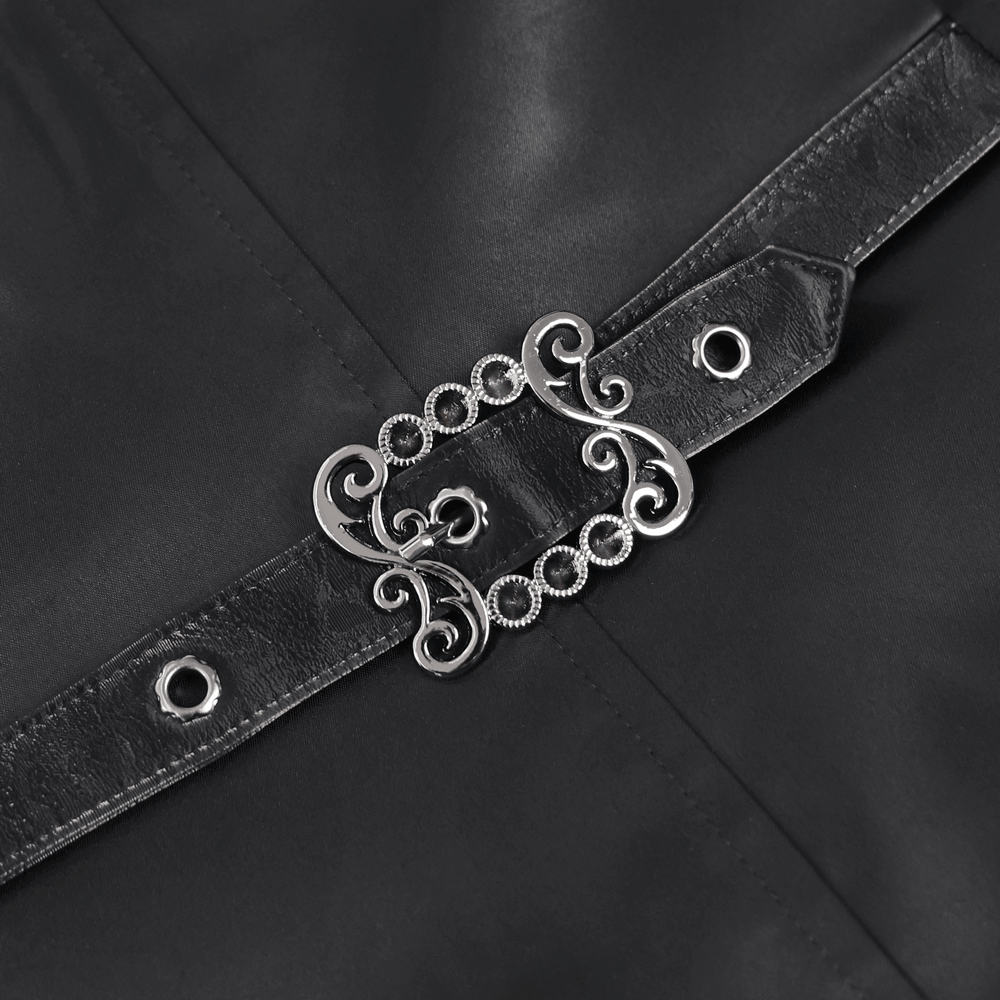 Black Gothic Waistcoat With Lace Lapel and Buttons buckle detail showcasing ornate metal design on sleek fabric.