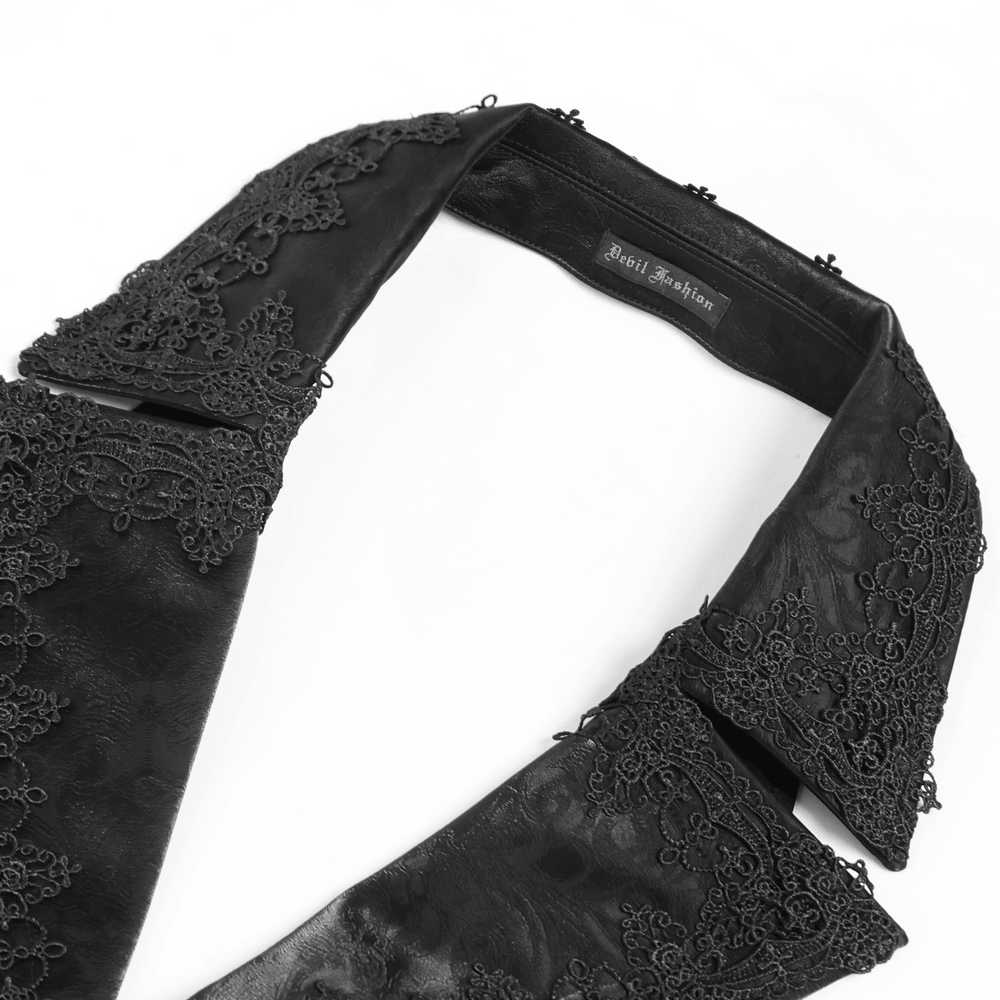 Black Gothic Waistcoat With Lace Lapel and Buttons detailed lace collar view.