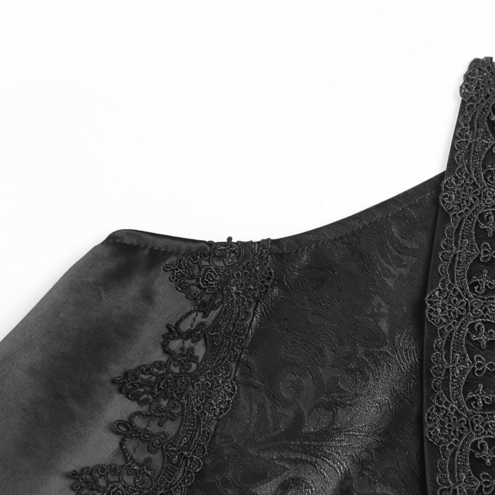 Black Gothic Waistcoat With Lace Lapel and Buttons showing intricate lace detail.