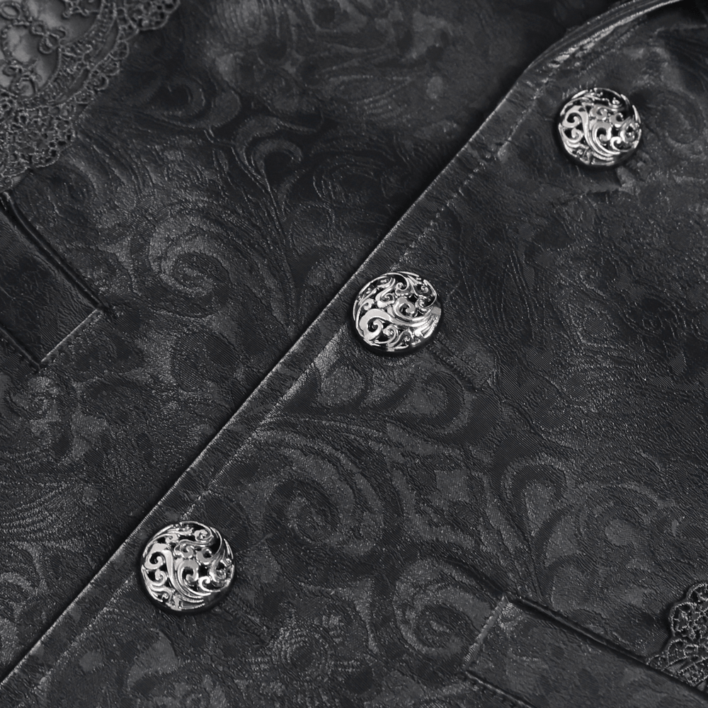 Black Gothic Waistcoat With Lace Lapel and Buttons featuring intricate brocade pattern and ornate metal buttons.
