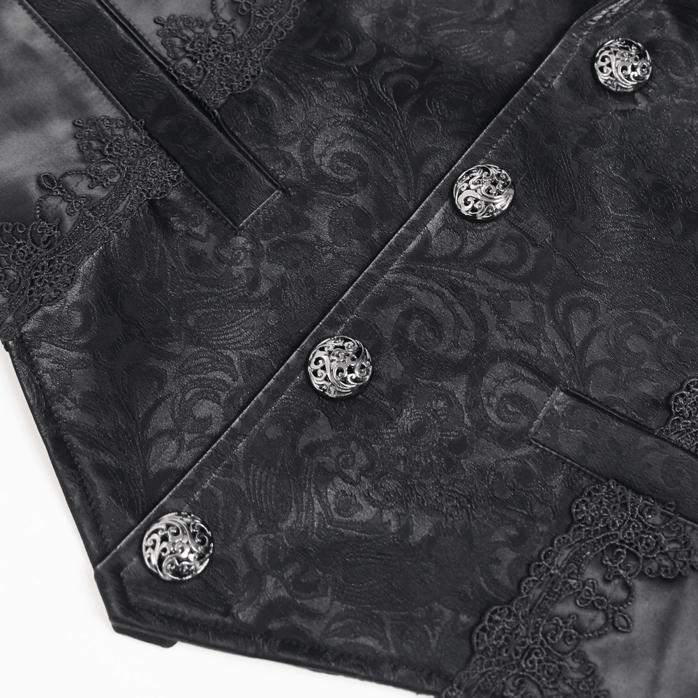 Close-up of Black Gothic Waistcoat With Lace Lapel and Buttons showcasing intricate lace and ornate metal buttons.
