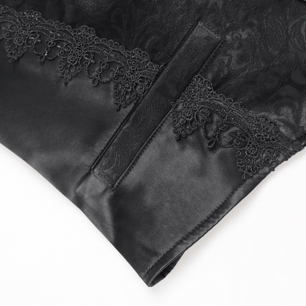 Black Gothic Waistcoat With Lace Lapel and Buttons detail showcasing elegant lace trim and glossy fabric.