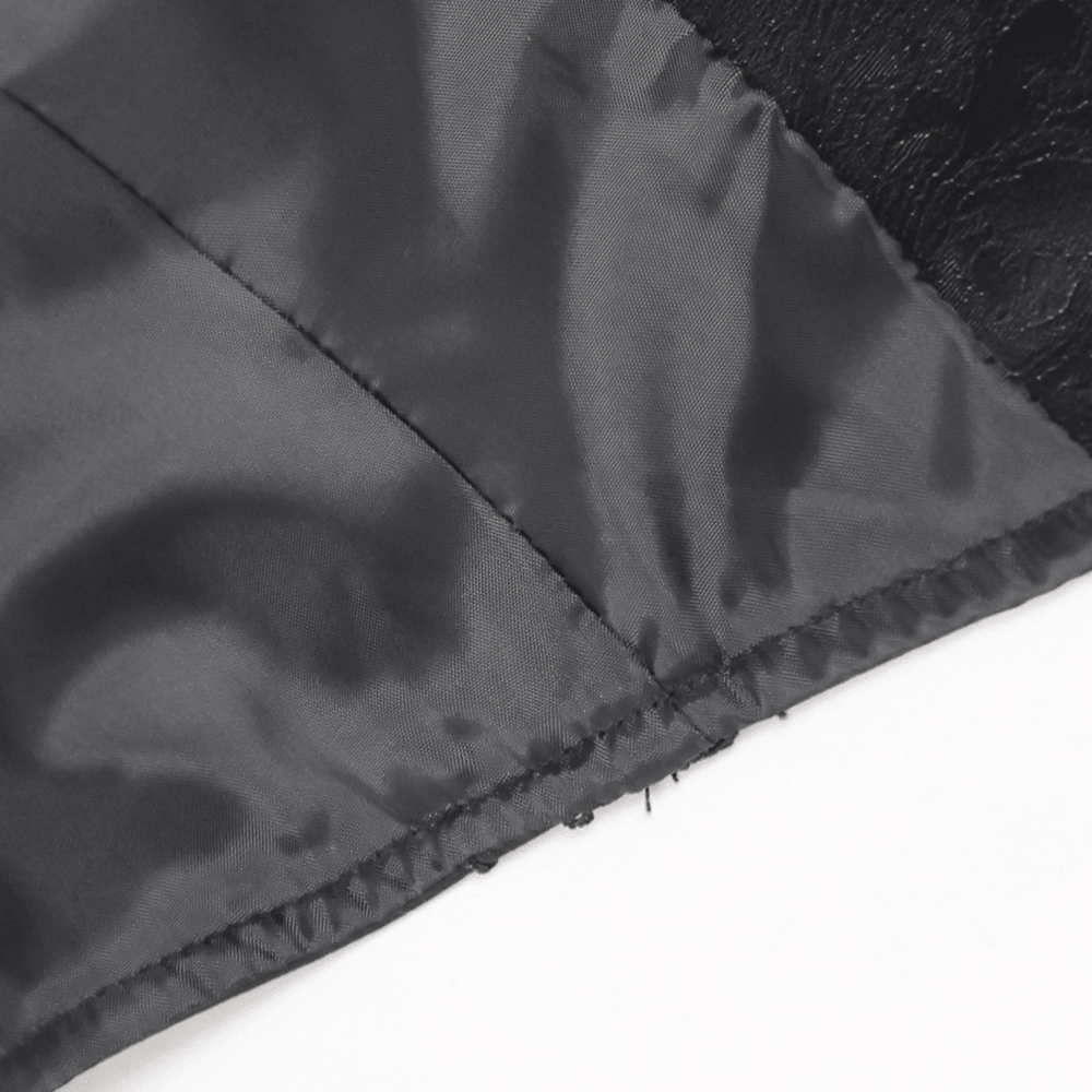 Black Gothic Waistcoat With Lace Lapel and Buttons close-up of fabric details and texture