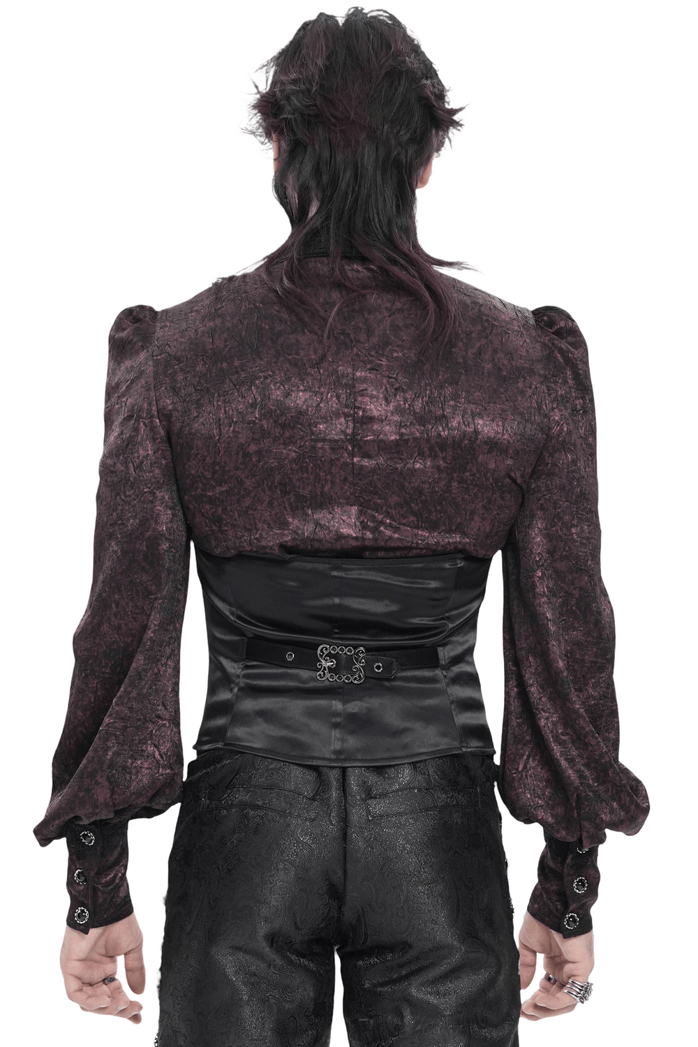 Black Gothic Waistcoat With Lace Lapel and Buttons, showcasing detailed back view and elegant design.