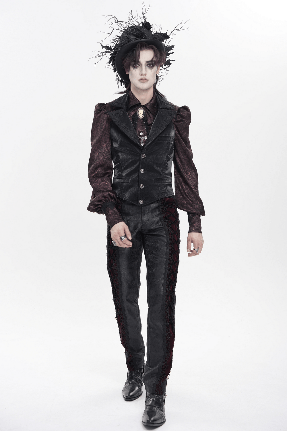 Black Gothic Waistcoat With Lace Lapel and Buttons worn by a model in alternative menswear style.