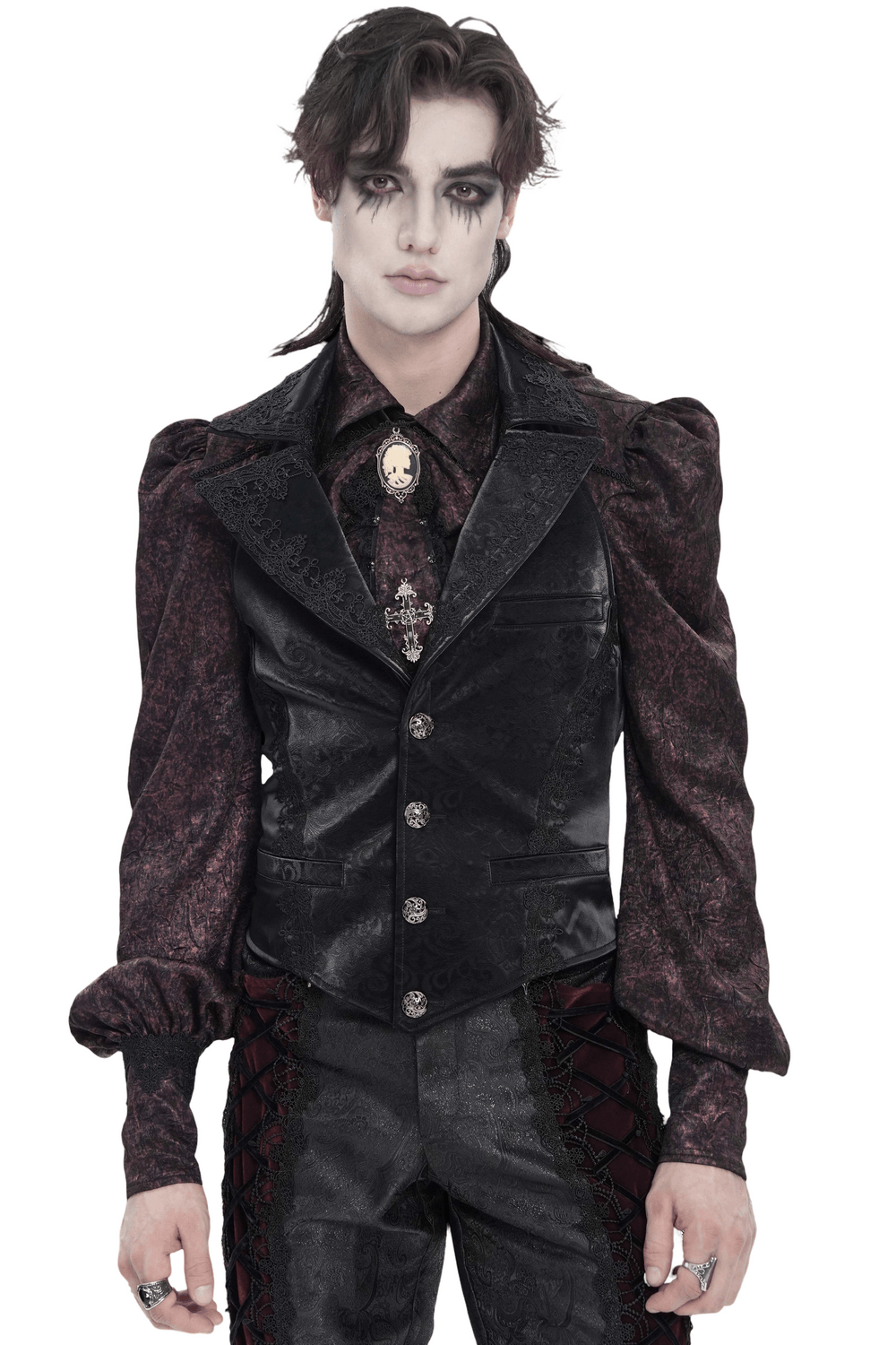 Black Gothic Waistcoat With Lace Lapel and Buttons worn over ornate shirt, perfect for Victorian-inspired fashion.