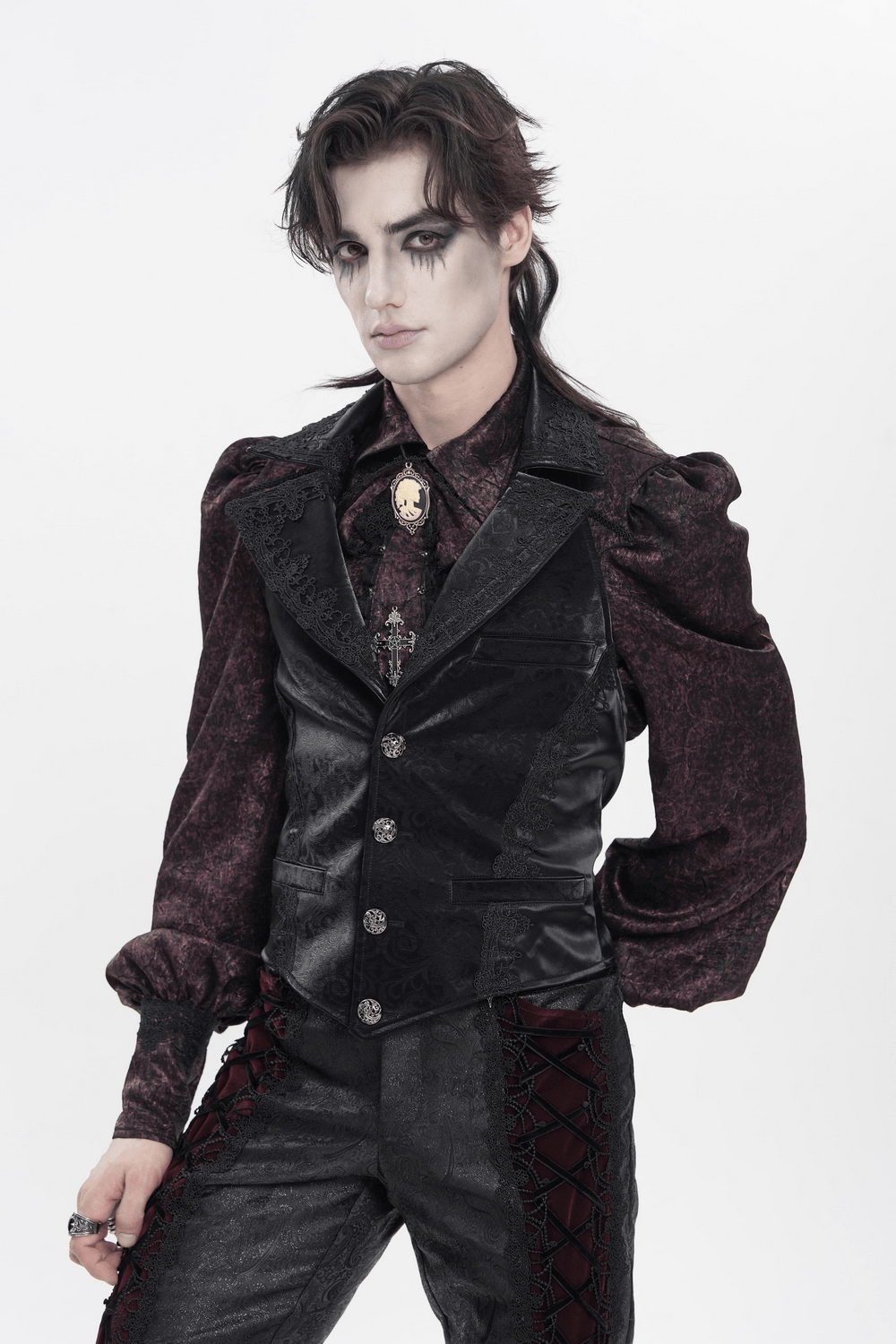 Black Gothic Waistcoat With Lace Lapel and Buttons worn with a dark, structured outfit for a gothic style.