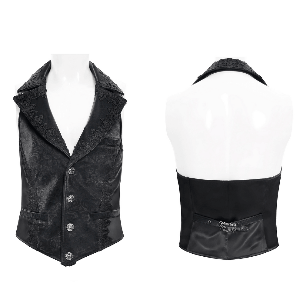 Black Gothic Waistcoat With Lace Lapel and Buttons displayed front and back view, featuring brocade pattern and ornate buttons.