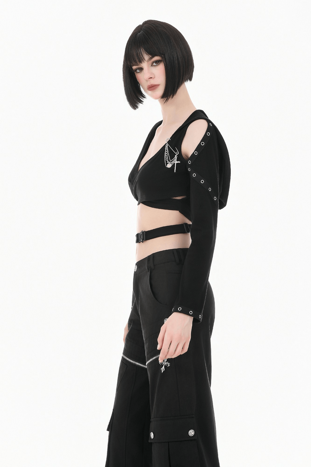 Black Gothic Wide Leg Cargo Pants With Zippers