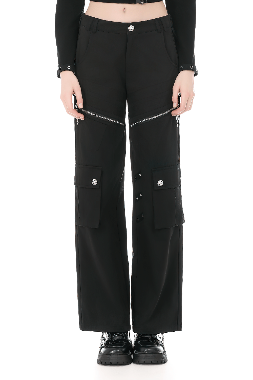 Black Gothic Wide Leg Cargo Pants With Zippers