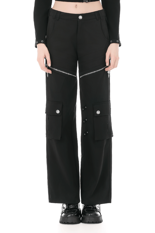 Black Gothic Wide Leg Cargo Pants With Zippers