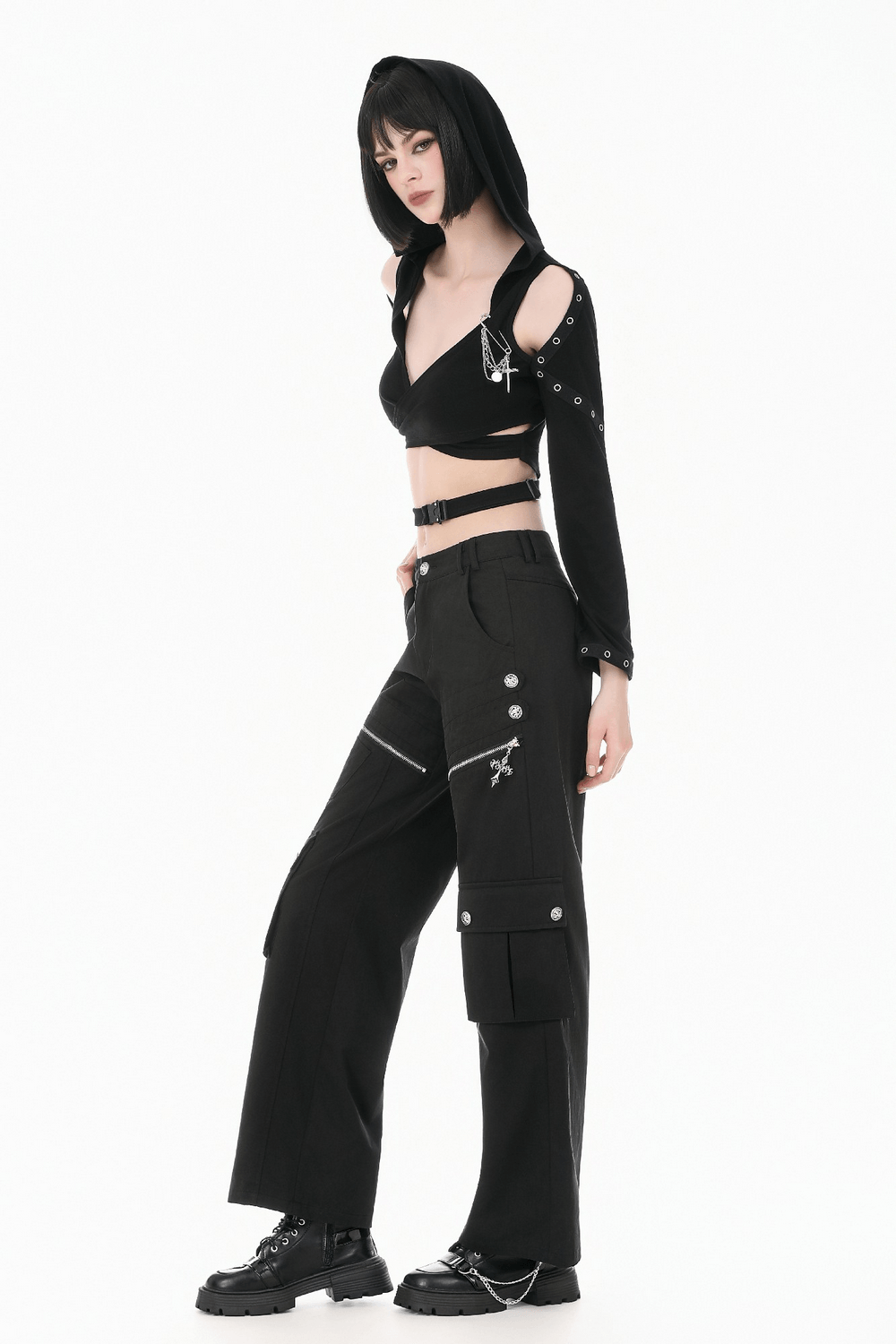Black Gothic Wide Leg Cargo Pants With Zippers