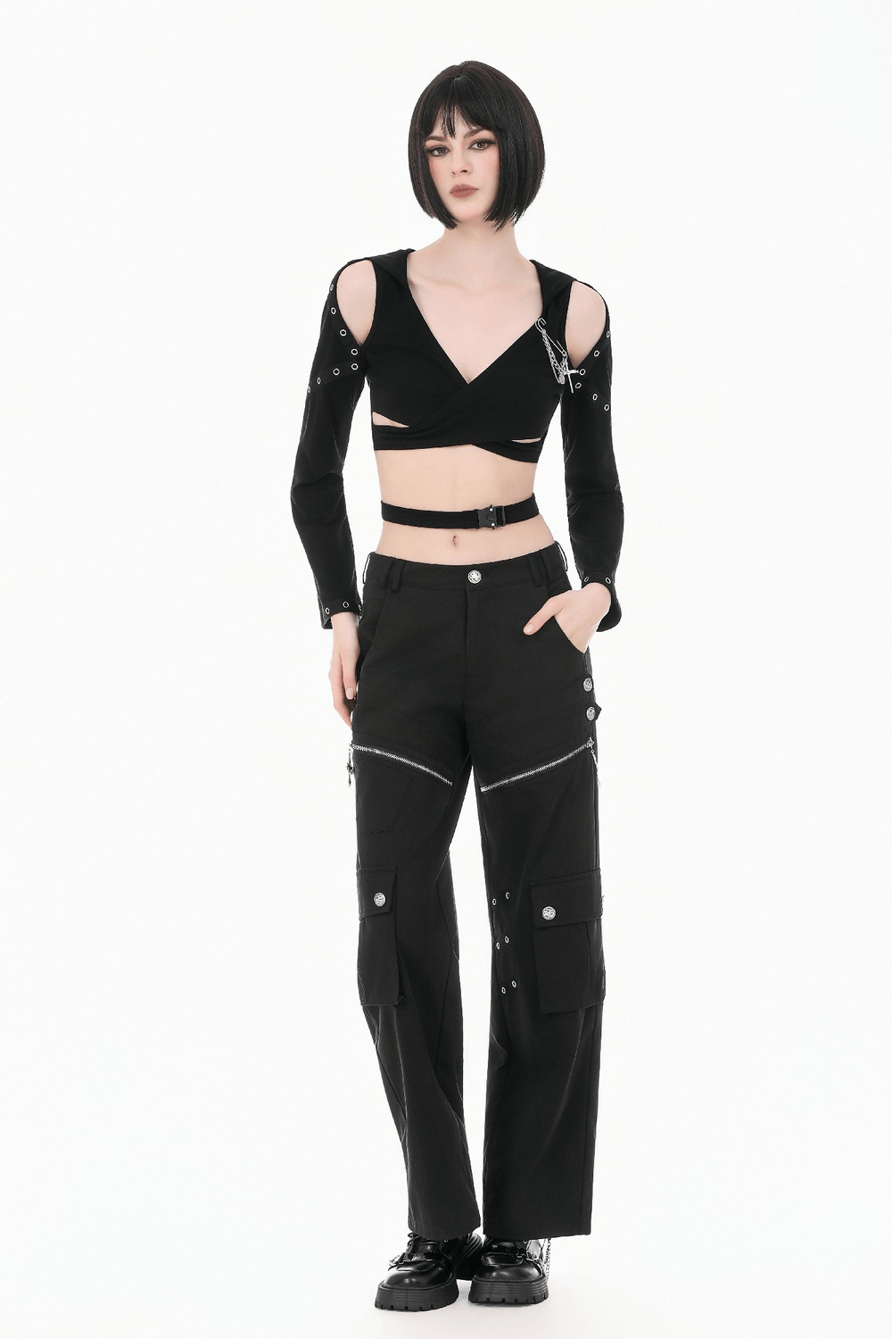 Black Gothic Wide Leg Cargo Pants With Zippers