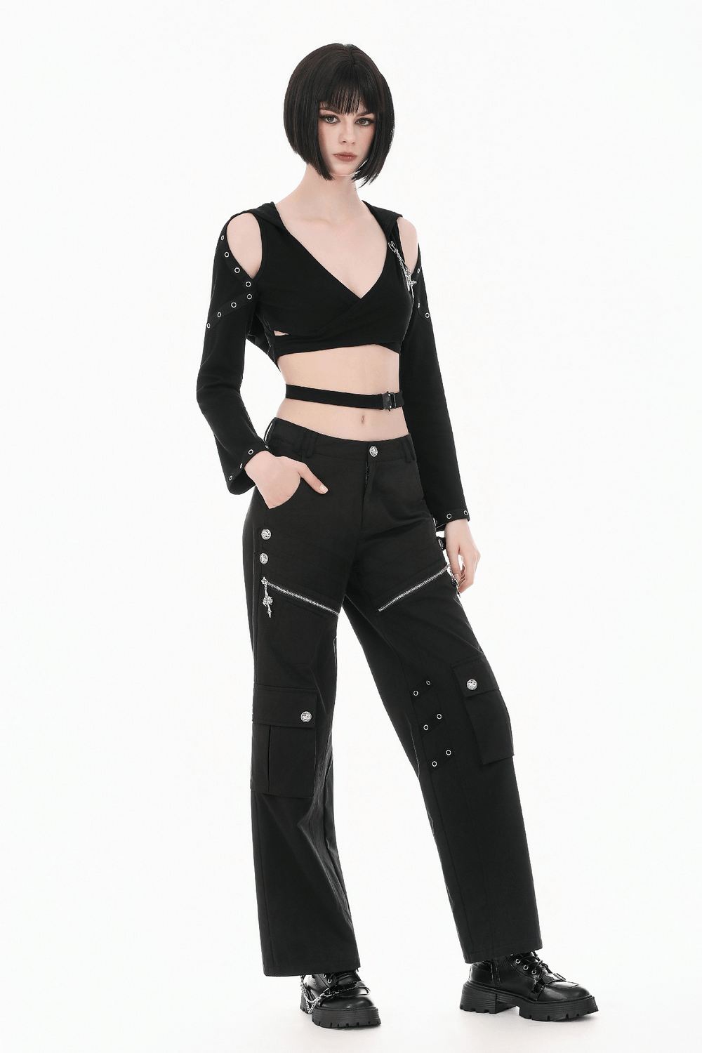 Black Gothic Wide Leg Cargo Pants With Zippers