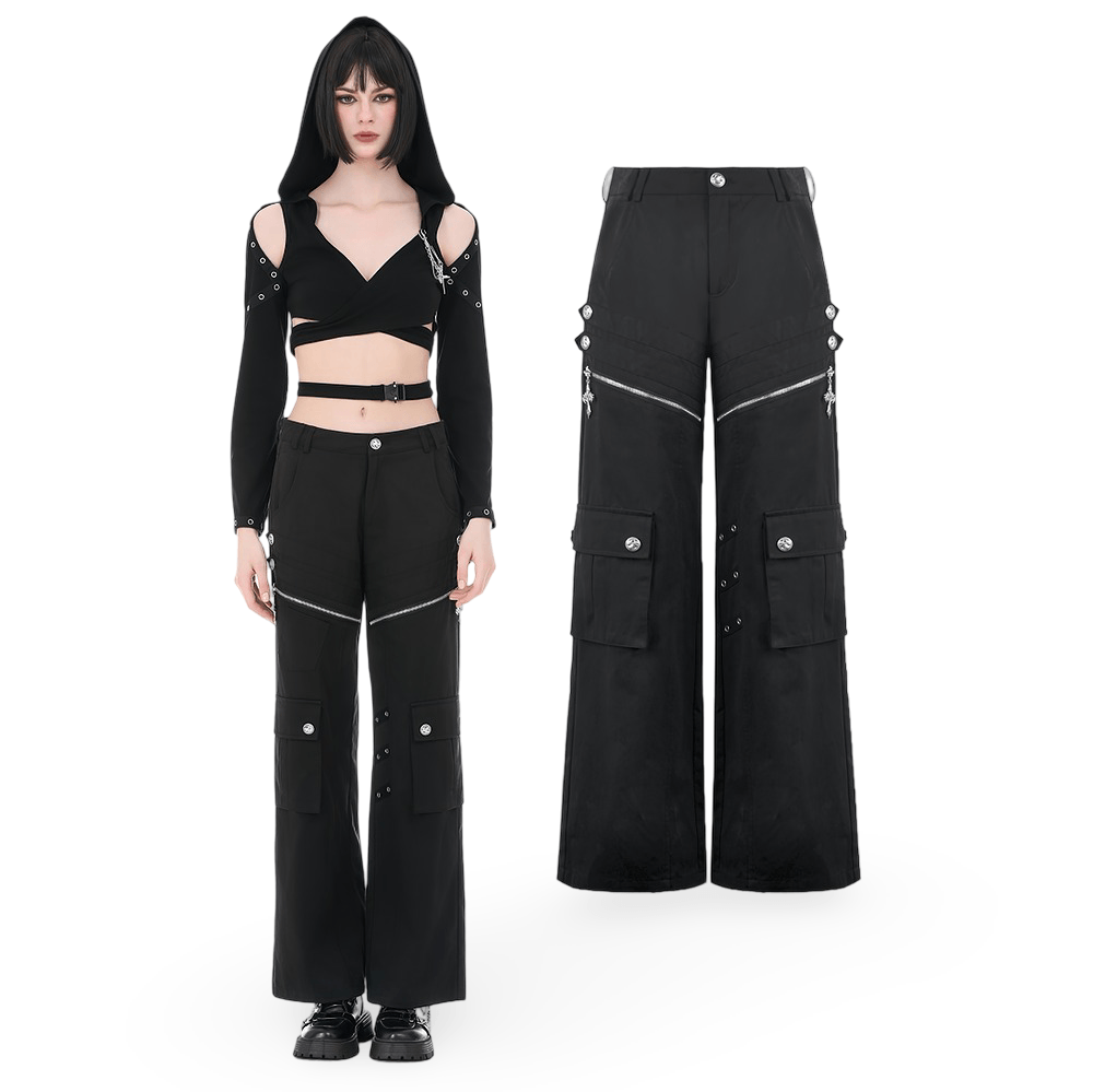 Black Gothic Wide Leg Cargo Pants With Zippers