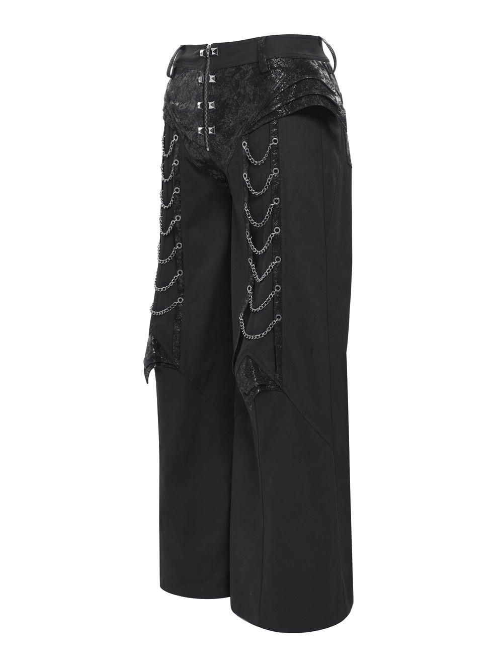 Black Gothic Wide Leg Pants with Chains and Studs featuring layered panels and draped chains.